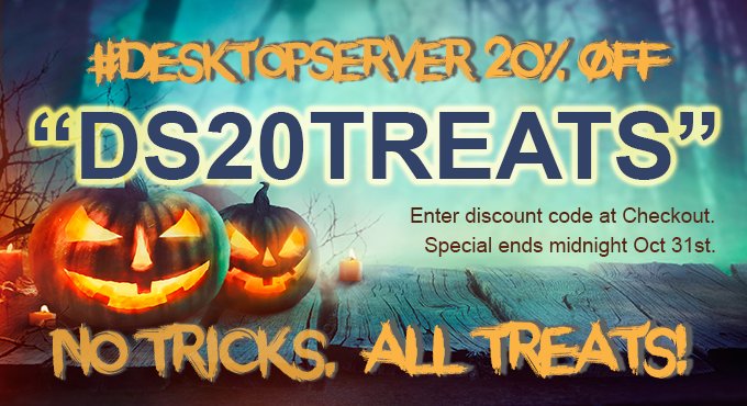 heyadamsilver's tweet image. No tricks. ALL treats! Receive 20% OFF Right Now on #DesktopServer! Use code &quot;DS20TREATS&quot; bit.ly/1XK2wrb