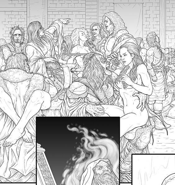 alexthefool's tweet photo. My pencilled page 5 sample @DynamiteComics Queen Sonja issue #2 cameos of Gene,Paul,Ace and Peter drawn in @KISSOnline @AnythingKISS https://t.co/JRqdxBG2av