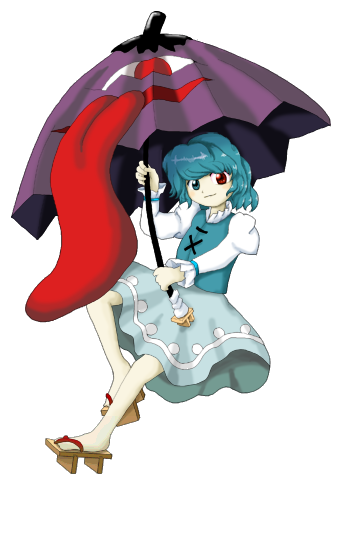 貝渦 しかし 紫の一つ目舌出し傘というトンデモデザインの傘 全体水色 水色と赤のオッドアイズ 赤の一つ目 に見せる 胸の 一 と バツ で 一 つ メ スカートの温暖前線 唐傘お化け 一つ目小僧 一本だたら という