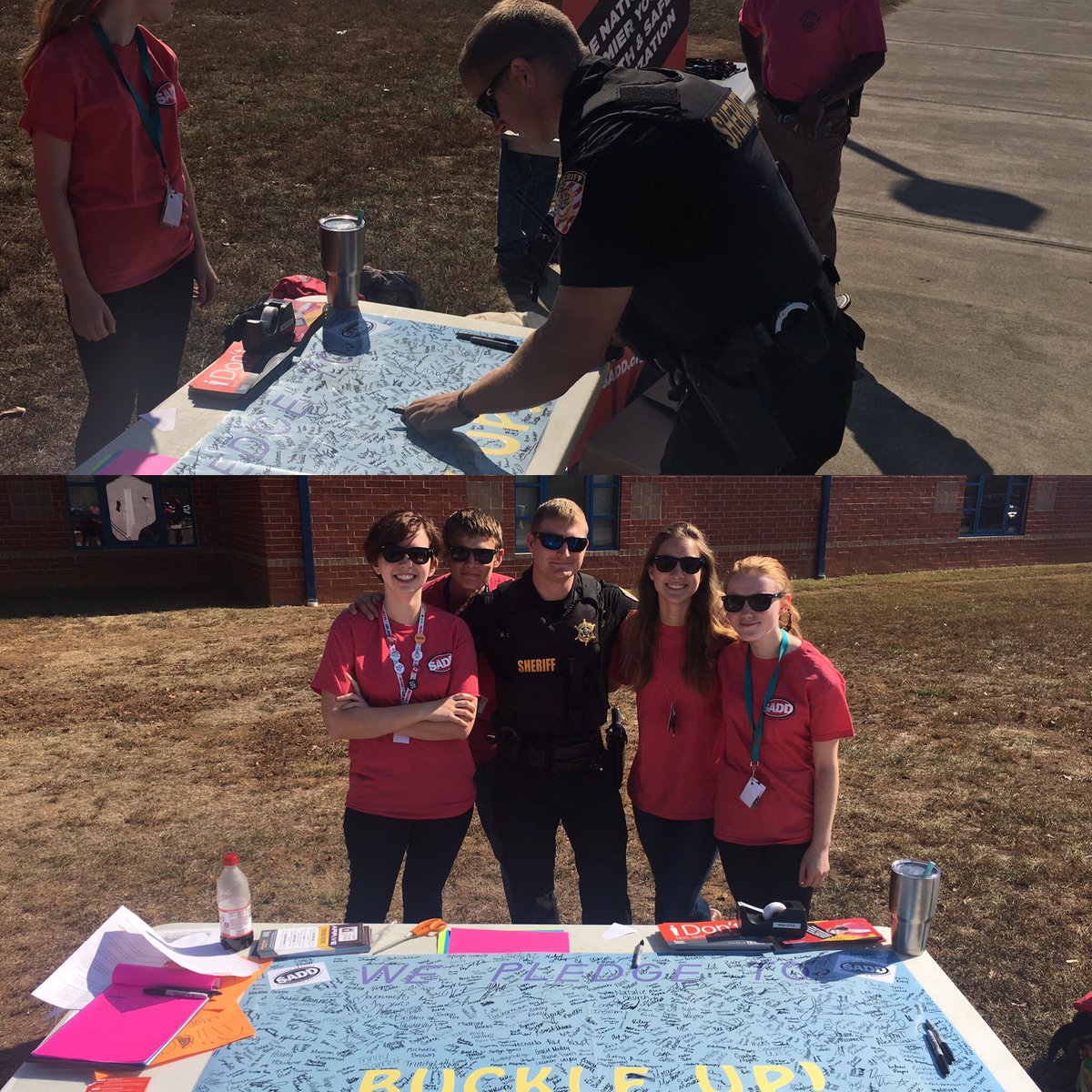 #PublicSafetyUnit Dep. Brandon Coffel joins hundreds of @WalkerValleyHS students sign @SADDnation declaration to #BuckleUp #TeensRockSafety