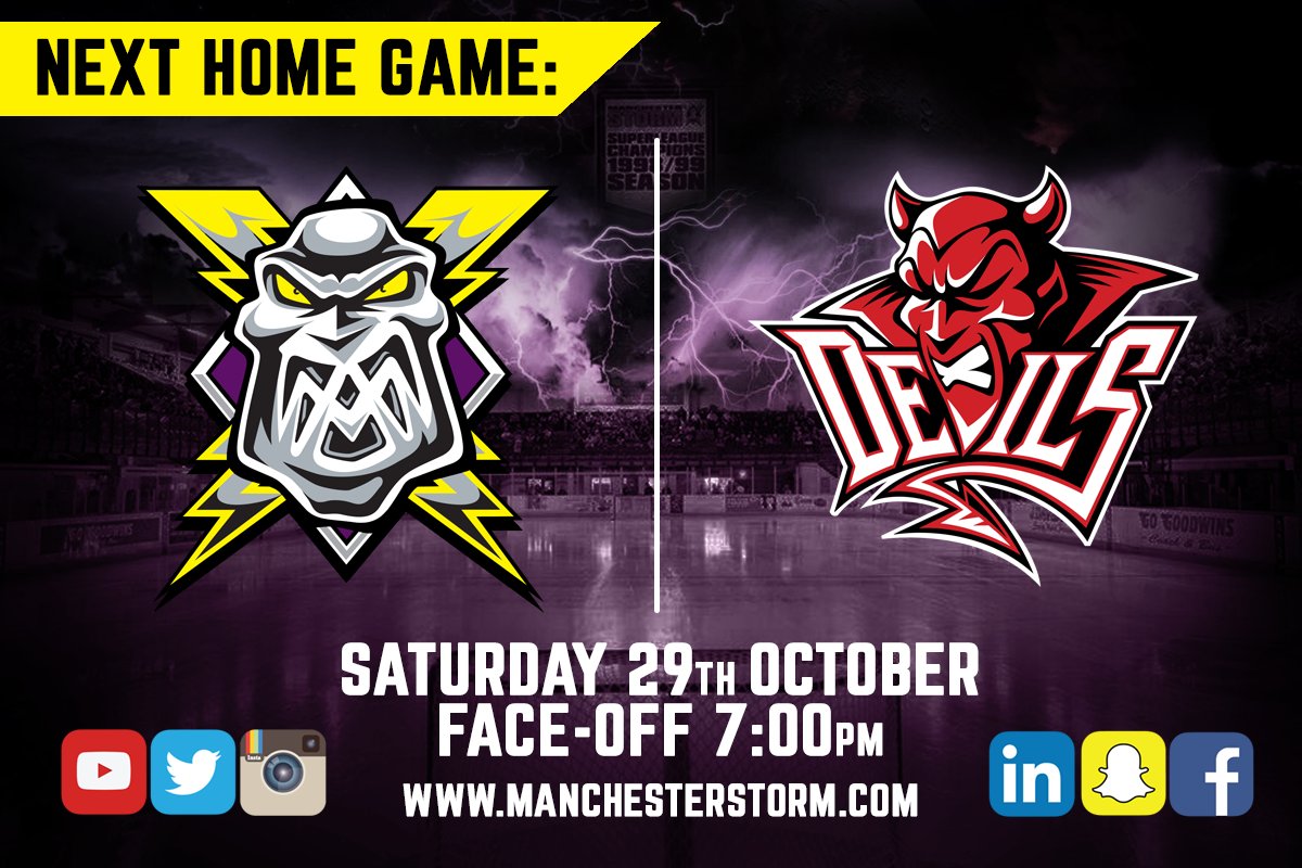 🎟TICKETS🎟 - The <a href="/Mcr_Storm/">Manchester Storm | #TakeShelter</a> are back in action this Saturday, as they take on <a href="/cardiffdevils/">Cardiff Devils</a> (F/O at 7pm)! TICKETS: goo.gl/JCoCMa