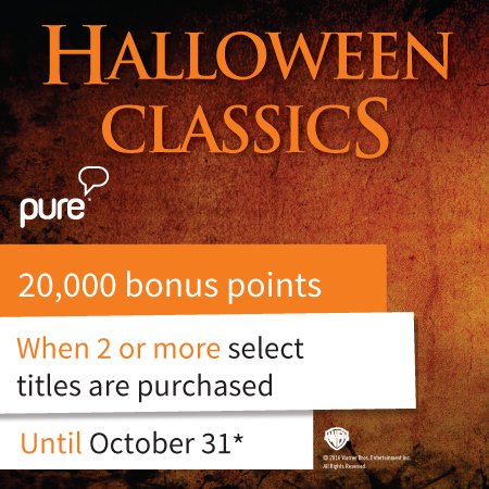 purCanada's tweet photo. Du 17 au 31 oct, les membres obtiendront 20 K points en prime à l’achat d’au moins 2 films d’horreur sélectionnés de Warner Brothers. https://t.co/akWwZcub5y