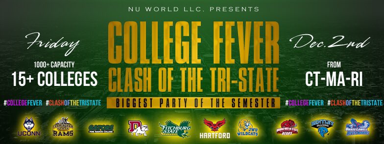 NuWorldLLC's tweet photo. ‼️🔥#CollegeFever🔥‼️
📆 December2
🕋 @ROXYPROV
🚍 MA➡️RI⬅️CT
🖥 https://t.co/3sFSL3hTPf
#JWU #UML #PMC #BSU #UHART &more https://t.co/M5jy1ESyqp