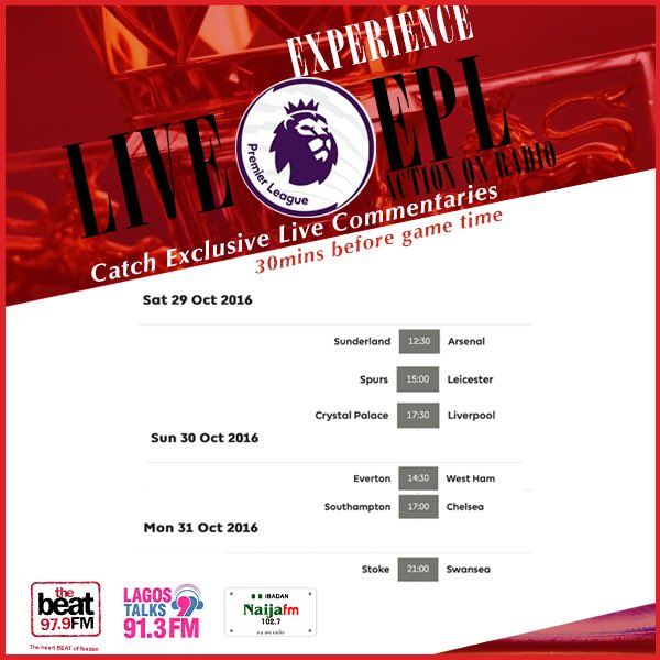 LagosTalks913's tweet photo. Ready to ball with us this weekend?! Don't miss all the #football action on the #PLshow #LiveCommentaries #EPL #Premiereleague https://t.co/yYibuE0EJY