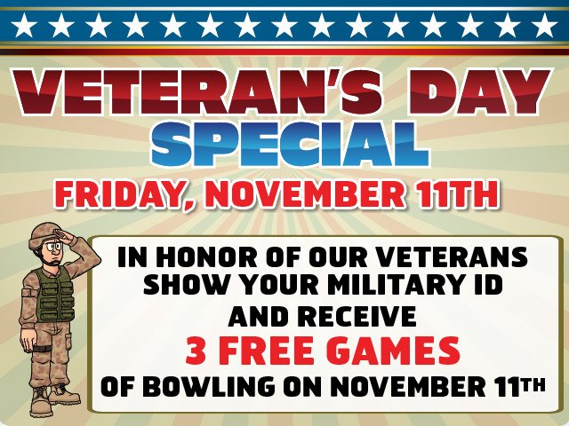 DelRioLanes's tweet photo. Thank you for your service. Bring in your military ID and get 3 free games of bowling on November 11th. #bowling https://t.co/SDCBNnAuSM