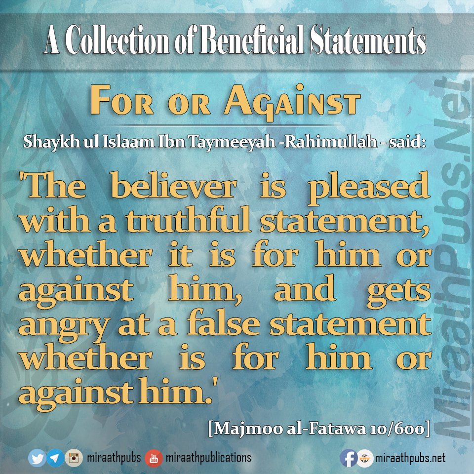 Miraath.Publications (@miraathpubs) on Twitter photo Benefits <a href="/MiraathPubs/">Miraath.Publications</a>: ‘The believer is pleased with a truthful statement, whether it is for him or against him...' bit.ly/2eWd8nq Benefits <a href="/MiraathPubs/">Miraath.Publications</a>: ‘The believer is pleased with a truthful statement, whether it is for him or against him...' bit.ly/2eWd8nq