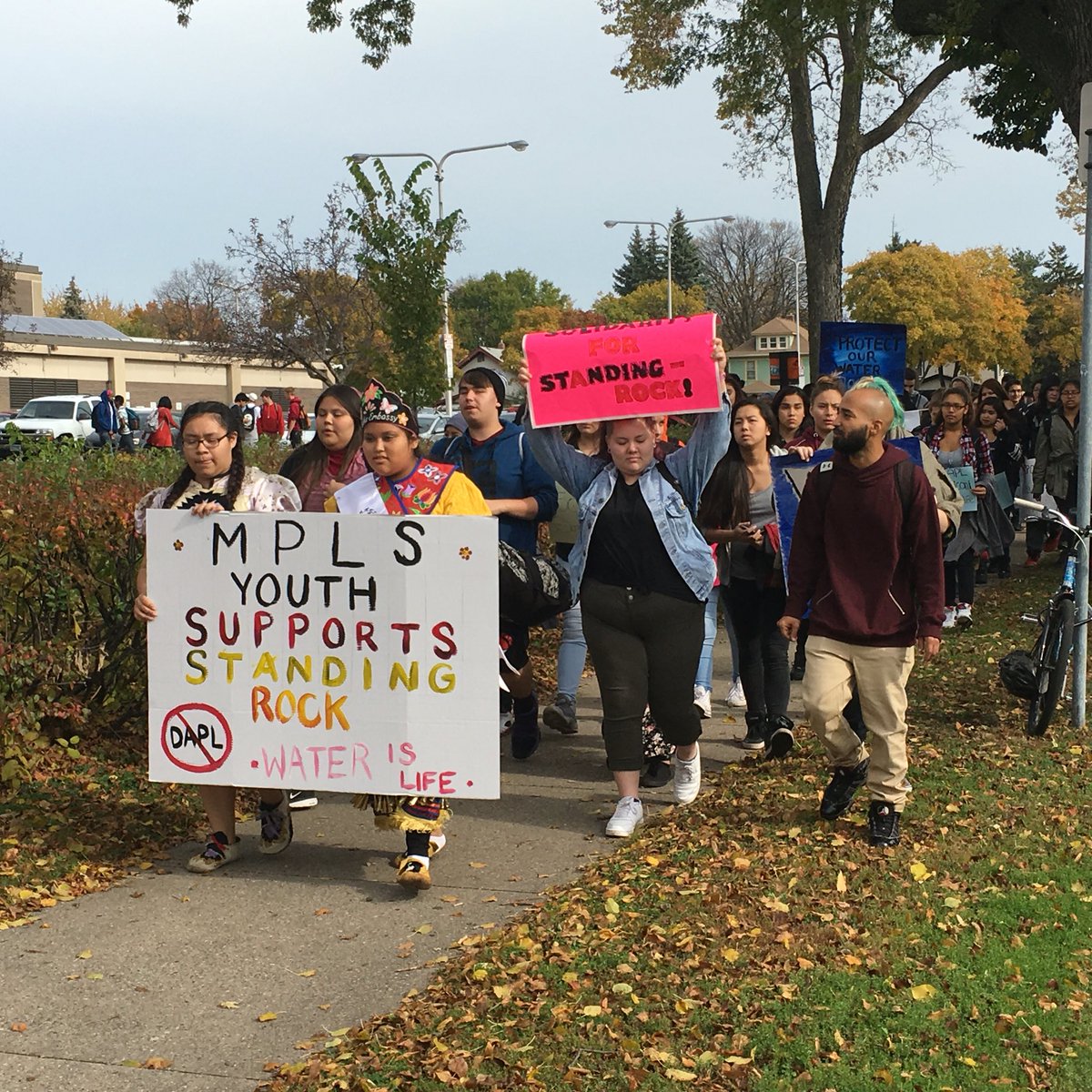 JDLauritsen's tweet image. Minneapolis South students leave school to protest the Dakota pipeline.