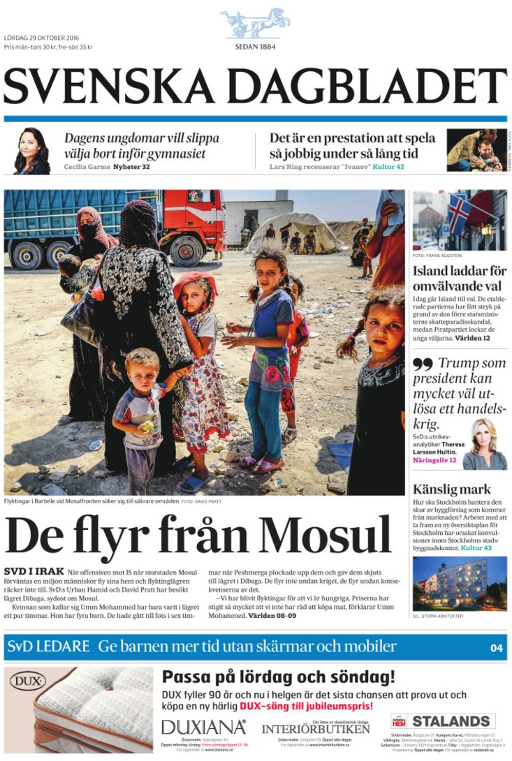 SvD's tweet photo. SvD har besökt flyktingläger utanför Mosul. Piratpartiet kan växa i isländska valet. Läs lördagens eSvD på https://t.co/L9IOCjd3V5! https://t.co/W2Vjiy9DSG