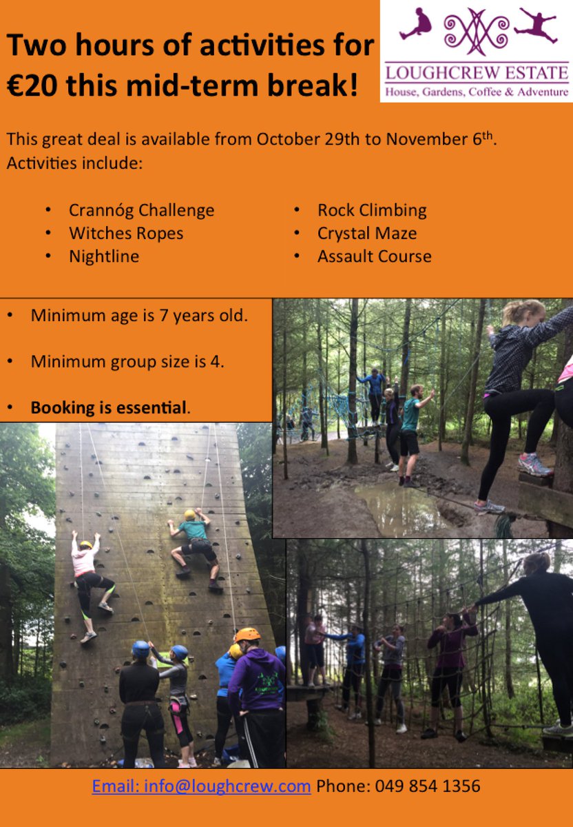 LoughcrewA's tweet photo. 2 hours of adventure activities available all week for just €20! Booking is essential. https://t.co/Uso0v22G1Y https://t.co/rwYon2kZDU