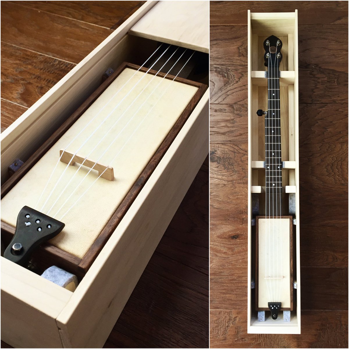 Progress is made on this crate-style case for a walnut travel banjo, which includes a sliding lid.
#banjo #prototype #design