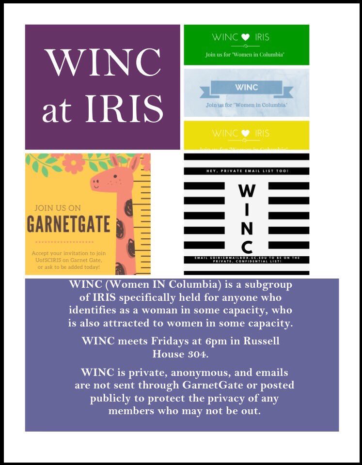 WINC (Women In Columbia) is tonight at 6pm in RH 304! If you identify as a woman who is attracted to women in ~any~ capacity, see you there!