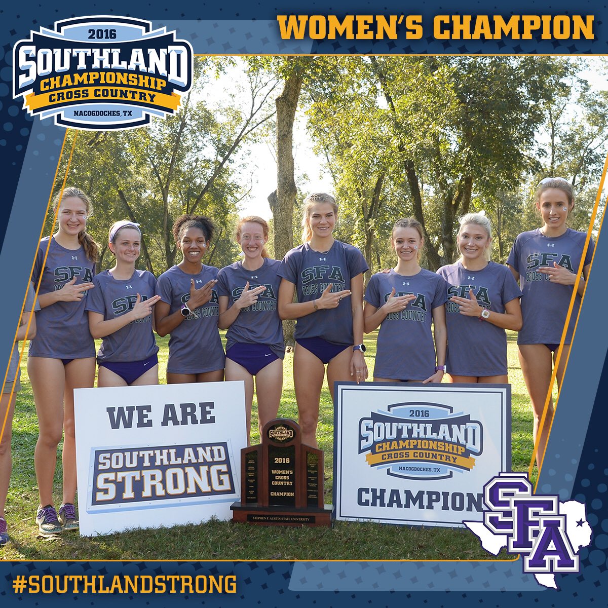 SouthlandSports's tweet photo. Congratulations to @SFA_Athletics on their eighth #SLCXC Women's Championship! #SouthlandStrong https://t.co/dJEPtwq5Ov