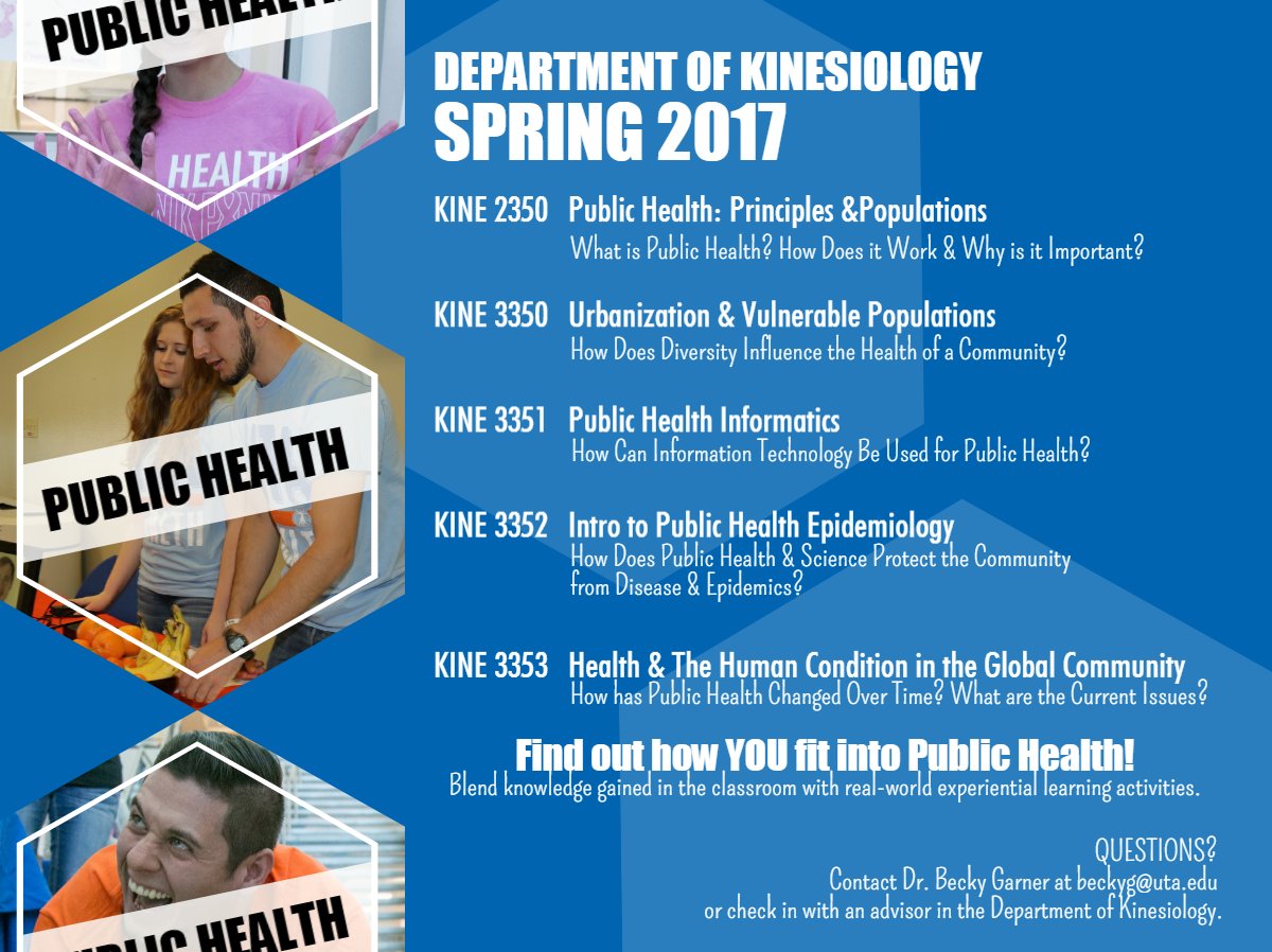 UTAPublicHealth's tweet photo. 5 class options for students interested in #PublicHealth in Spring 2017. All @utarlington majors welcome. @UTA_Advisors #UTAAdvised https://t.co/CUZfAPB011