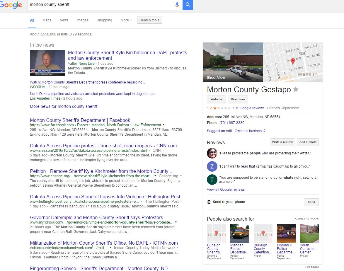 robport's tweet image. Google has an intersting description for the Morton County Sheriff's Department these days. Sigh. #NDPol