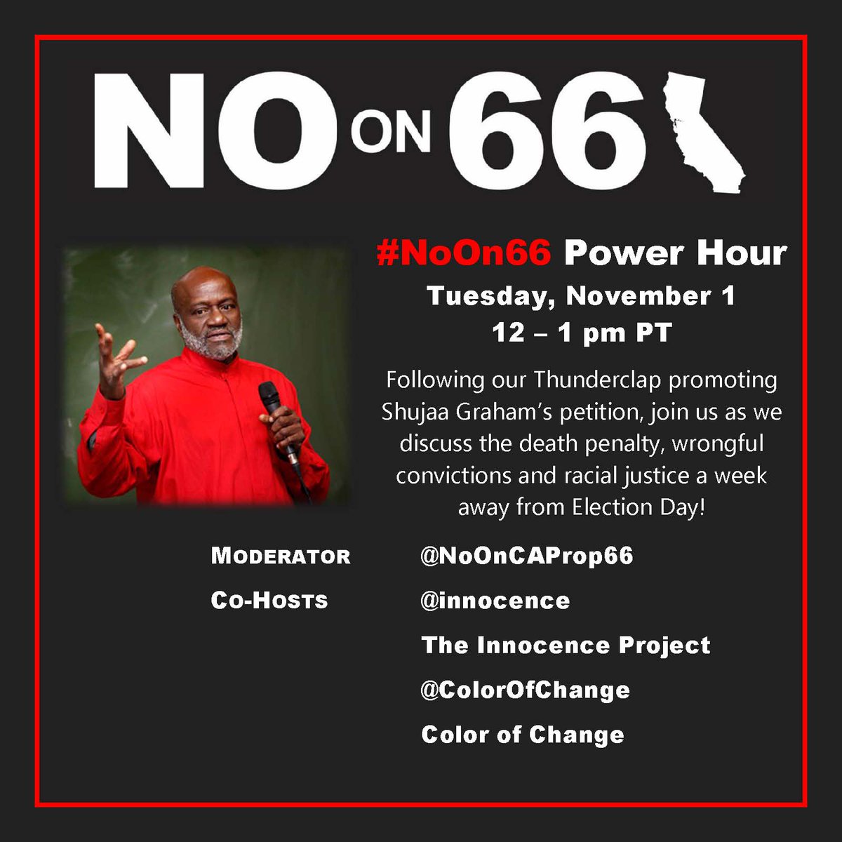 NoOnCAProp66's tweet photo. Join us on Tuesday, Nov. 1 for a Twitter "Power Hour" at noon PT with @innocence and @ColorOfChange! #NoOn66 #RecklessNotReform https://t.co/aGMB5NkQVx