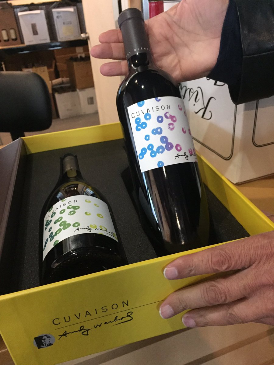 NapaValleyLifeM's tweet photo. #jaySchuppert showing off a two pack of @cuvaison wine with original #AndyWarhol artwork. #calwine, #wineart, https://t.co/I8RFZVTxvS