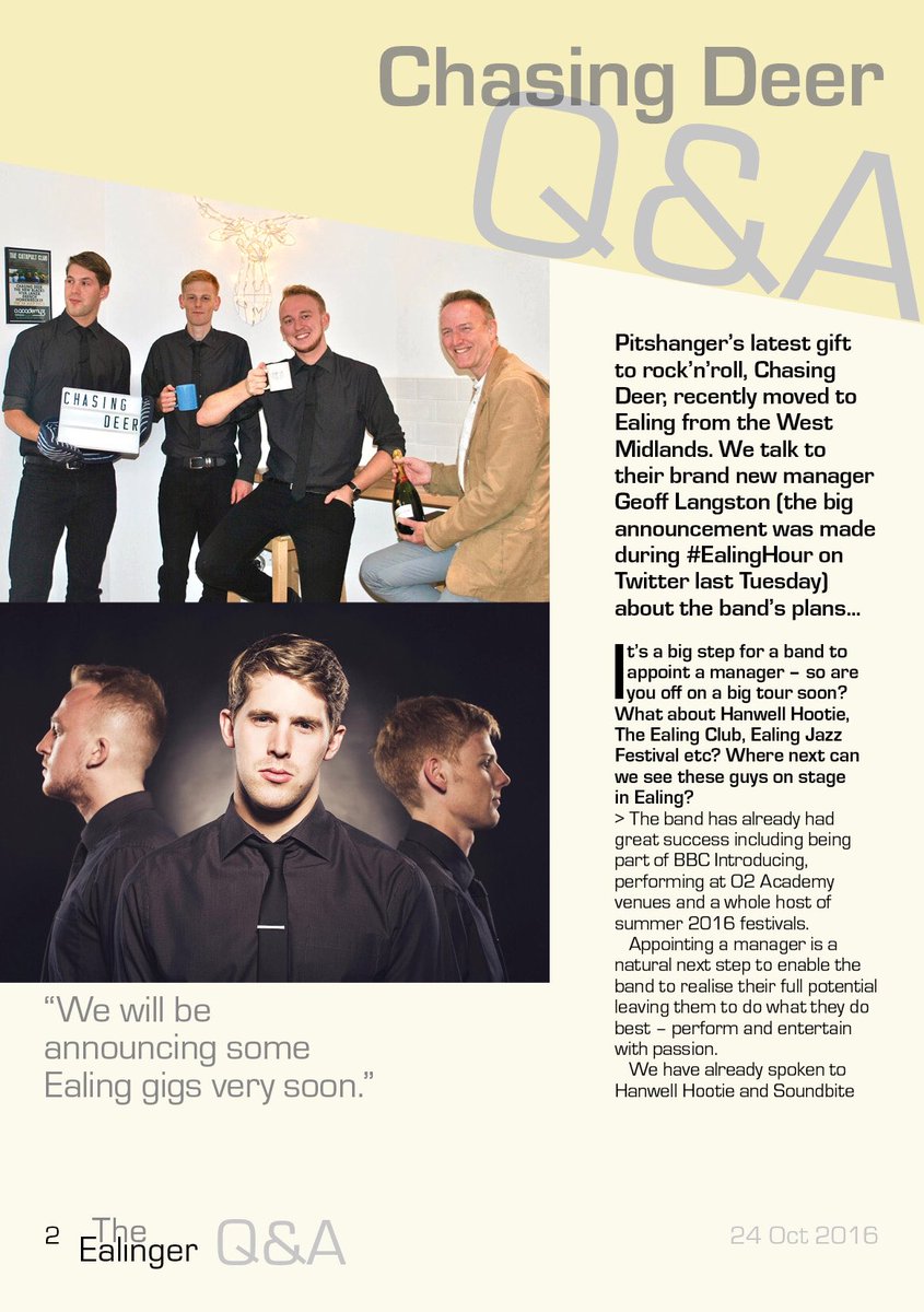 The_Ealinger's tweet image. In case you missed it: @ChasingDeerBand in The_Ealinger Q&amp;amp;A earlier this week - p2-3 #Issue43 #24Oct issuu.com/contactusealin… #Ealing