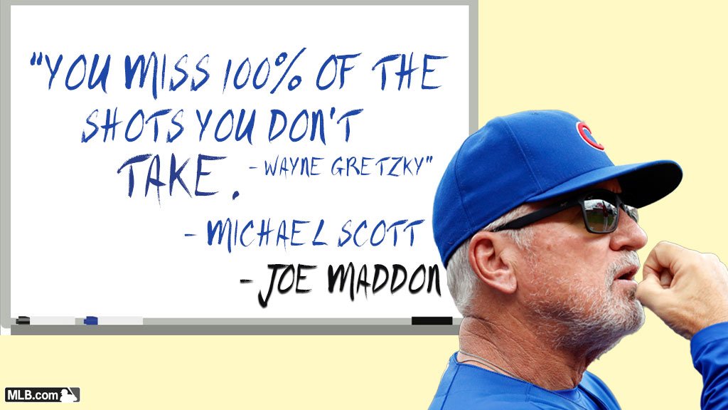 MLB's tweet photo. Reporter: Who have been the biggest influences on your management style? 
@CubsJoeMadd: Michael Scott, probably the biggest influence. https://t.co/1dsgH9DGve