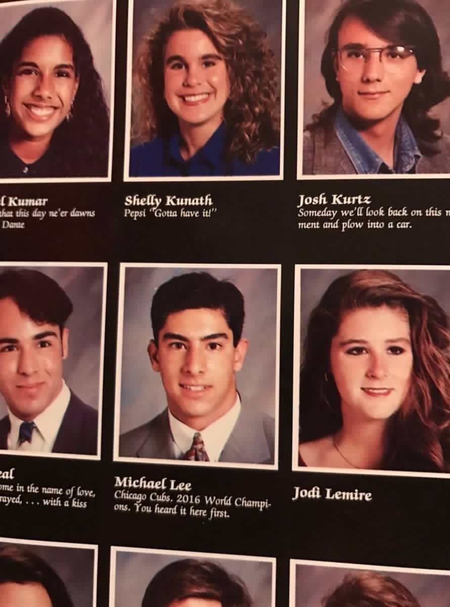 CauseWereGuys's tweet photo. This dude called the cubs winning the series in 2016 for his senior quote back in 1993.😳😳😳 https://t.co/BRLYHXkWtU