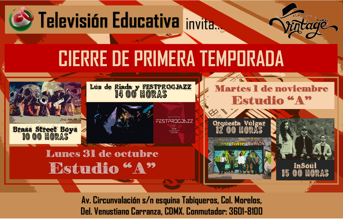 HomoEspacios's tweet photo. @tveducativamx invita a #EspaciosVintage
31 oct- @brassstreetboys, @luzderiada y @FestProgJazz
01 nov- @laorquestaLOV y @insoul_official https://t.co/Cp0Faq16lT