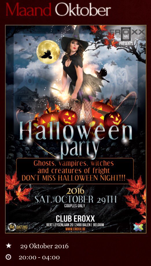 Hete heks, vampige vampier, sexy spook.. dresscode: zo "scary as possible" (niet verplicht) in swingersclub Eroxx. 
eroxx.be/site/calendar-…