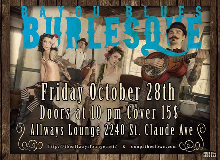 EureekaStarfish's tweet photo. BAYOU BLUES BURLESQUE
Tonight at Allways Lounge! 10PM
2240 Saint Claude New Orleans LA
https://t.co/qvfEJFsYfS #burlesque #neworleans https://t.co/cYcUf8iZF2