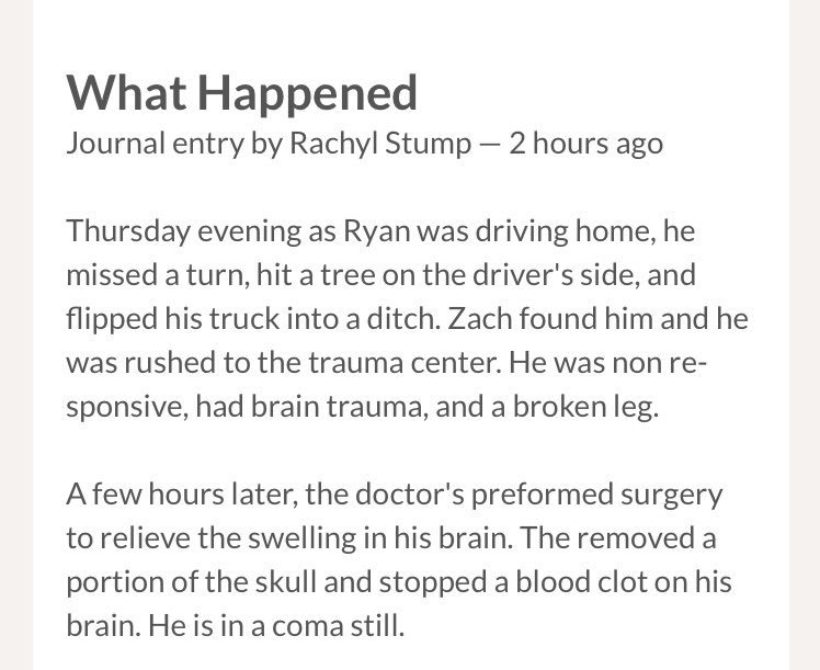 rachaelbasham's tweet photo. Here is the latest update on Ryan Stump. He is in a coma now and needs all the prayer he can get. https://t.co/O74CTsiEEW