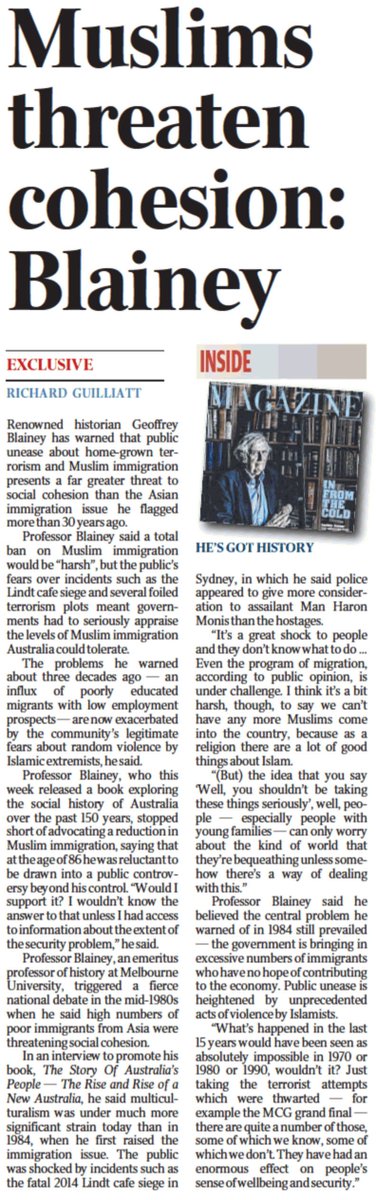 Gato188's tweet photo. #auspol Australia's greatest living historian, Geoffrey Blainey, warns against social fractures due to #IslamistTerror &amp; #unassimilability. https://t.co/1M1dsQOP0J