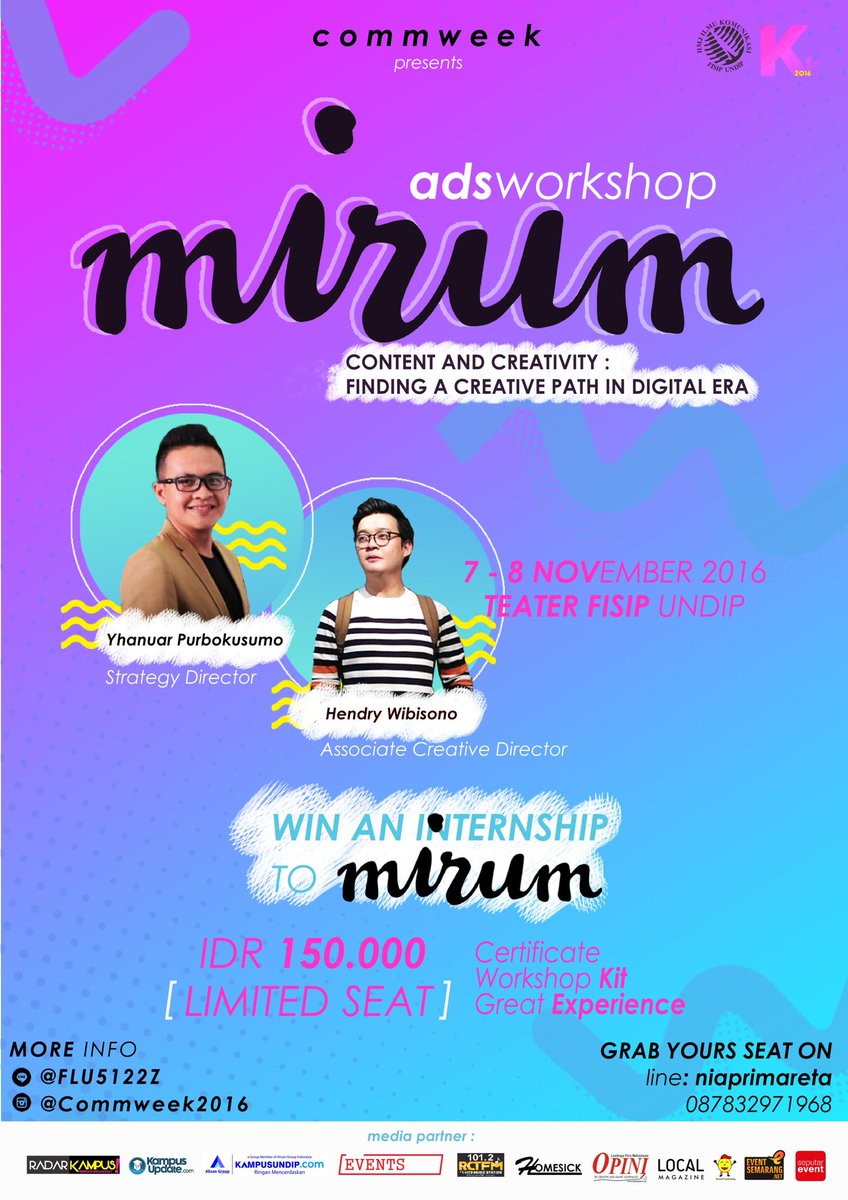 [Kelas Kreatif - Advertising Workshop]
Tertarik dunia periklanan? Kamu wajib ikut Kelas Kreatif! Mendatangkan Mirum dan ada hadiah magang.