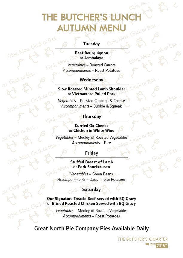 butchersquarter's tweet photo. Here we are with next week's #BQLunch Menu... Served from 12pm. RT this and show us in the shop to pay ONLY £3!! #Butchers #TibSt #NQ 🐷🐮🐔🐑 https://t.co/FRySkFKlee