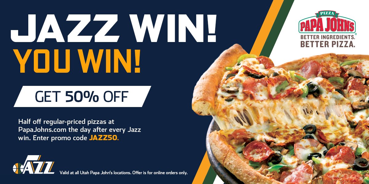 Use "JAZZ50" all day tomorrow at papajohns.com for 50% off your 🍕🍕🍕🍕🍕🍕!  #LALatUTA https://t.co/FTLgOOdm61