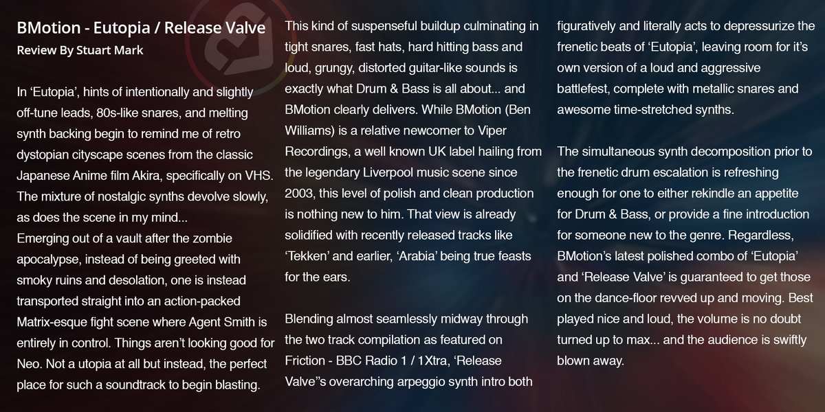 3MixedDotCom's tweet photo. BMotion - Eutopia / Release Valve [REVIEW] https://t.co/9pI2ku5cTf #edmreviews #drumandbass #edm @BMotionUK @ViperRecordings https://t.co/IIEcdnOQ0i