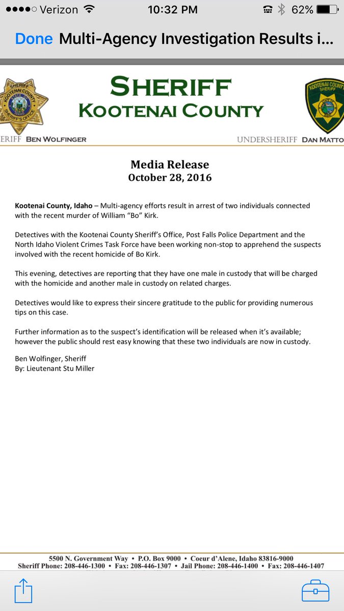 KeithJCousins's tweet photo. @KootenaiSheriff, @CdAPD  and @postfallspolice apprehend two in connection to Kirk murder. #CDAPress @CdAPressNews https://t.co/7zP6zZwgg9