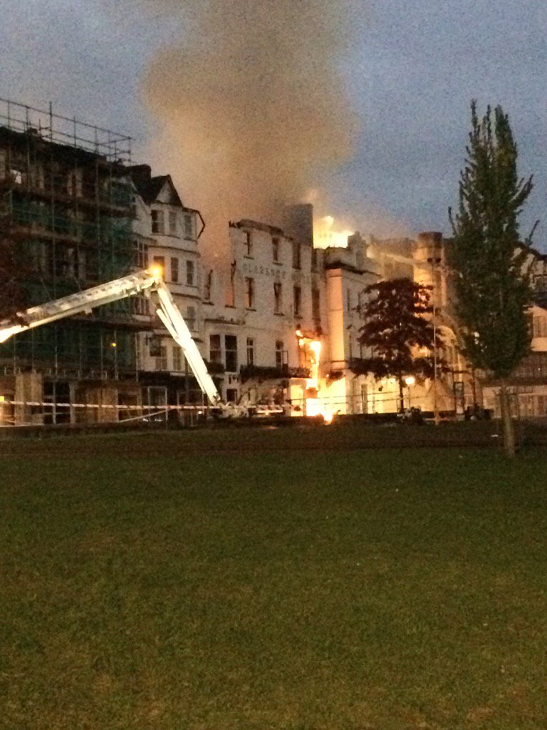 JanineJansenTV's tweet photo. The latest scene this morning at Royal Clarence Hotel in Exeter. 100 firefighters remain here https://t.co/8fmPRfPoV5
