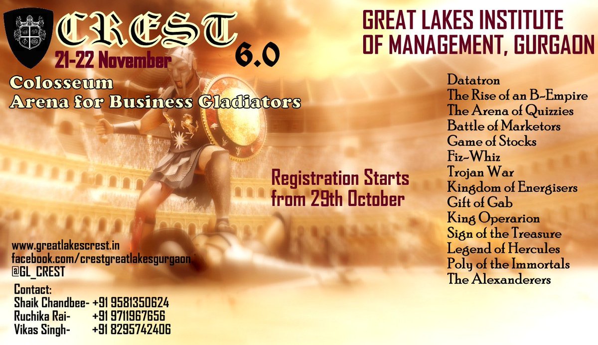 GL_CREST's tweet photo. #Crest #Registration #starts #29thOctober
Follow us on https://t.co/qmLa7AOcWJ ….
@GreatLakesGgn @MDIGurgaon @IBSIndia1 https://t.co/Uo32iPYq9A
