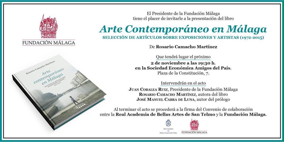 HdelArteUMA's tweet photo. 2 de noviembre, miércoles, presentación del libro "Arte contemporáneo en málaga" @FundacionMalaga @SEAPMalaga https://t.co/5fI56FVgLB