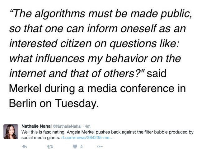 NickNDTech's tweet image. Can we discuss - via social media?
Angela Merkel against social media filter bubble:
buff.ly/2dZlStE
Via @NathalieNahai
#NDTechUK