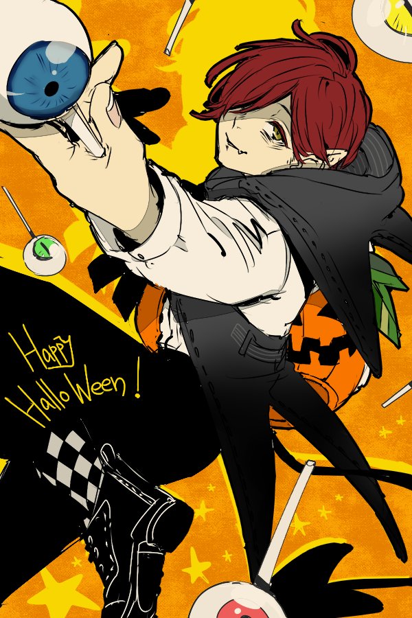 さんの九一 フォロワーさんにイメージもらって自分をハロウィンキャラ化する 片目 かぼちゃ被る 常にニコニコ フード 赤髪 血糊 アンニュイでニヒルな笑み 目玉の飴とか 輸血のゼリーとか リアルっぽいお菓子くれるを頂きました 甘い物好きな