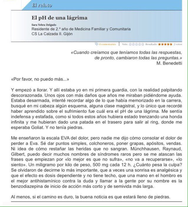 mlalanda's tweet photo. "El ph de una lágrima" de Sara Yedra R2
La lectura obligatoria de hoy
Desgarra por su sensibilidad.Denota el fracaso de la educación médica https://t.co/ZGzUNkTNt7