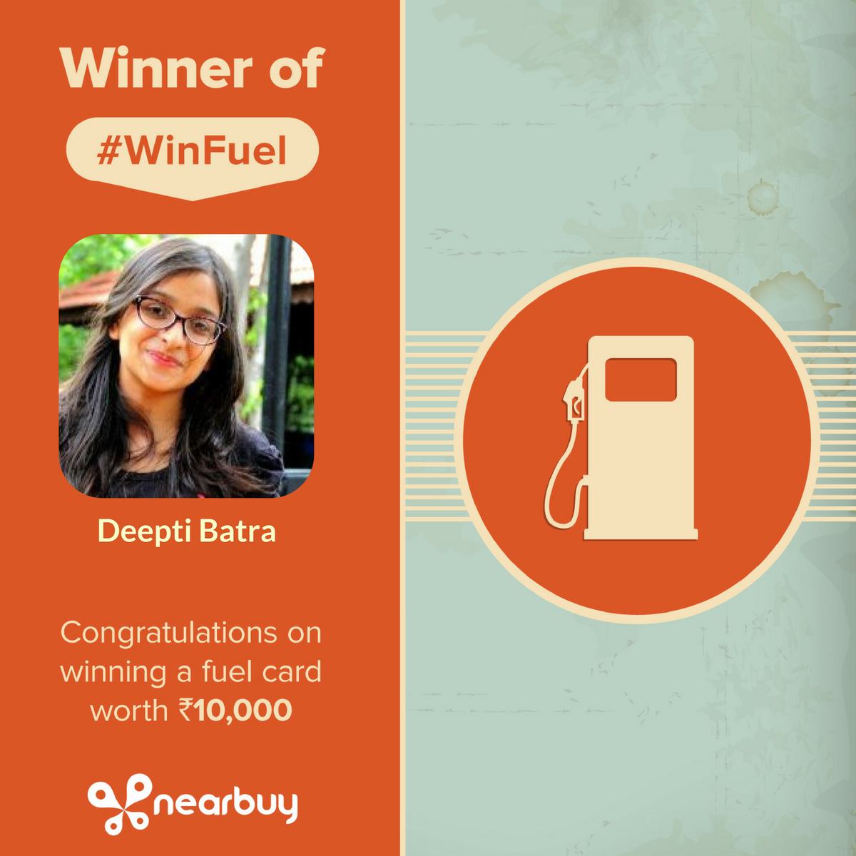 nearbuy's tweet image. Congrats Deepti Batra on winning fuel worth Rs. 10,000. The final winner will be announced on 1st Nov. #WinFuel here nrb.uy/FreeFuelT1