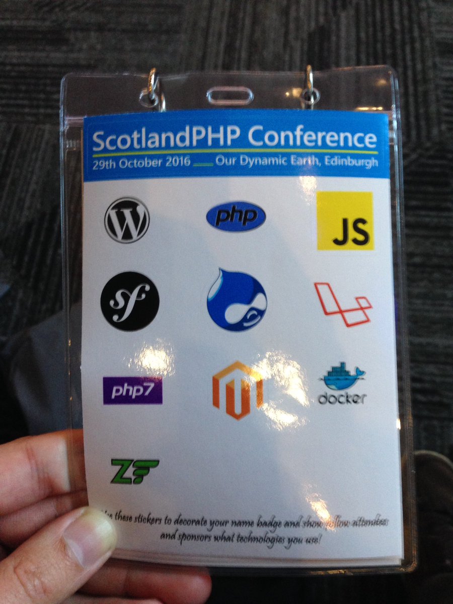 n0x13's tweet image. Great idea by #scotphp16 : have stickers for different tech on your badge so you can find attendees with the same interests