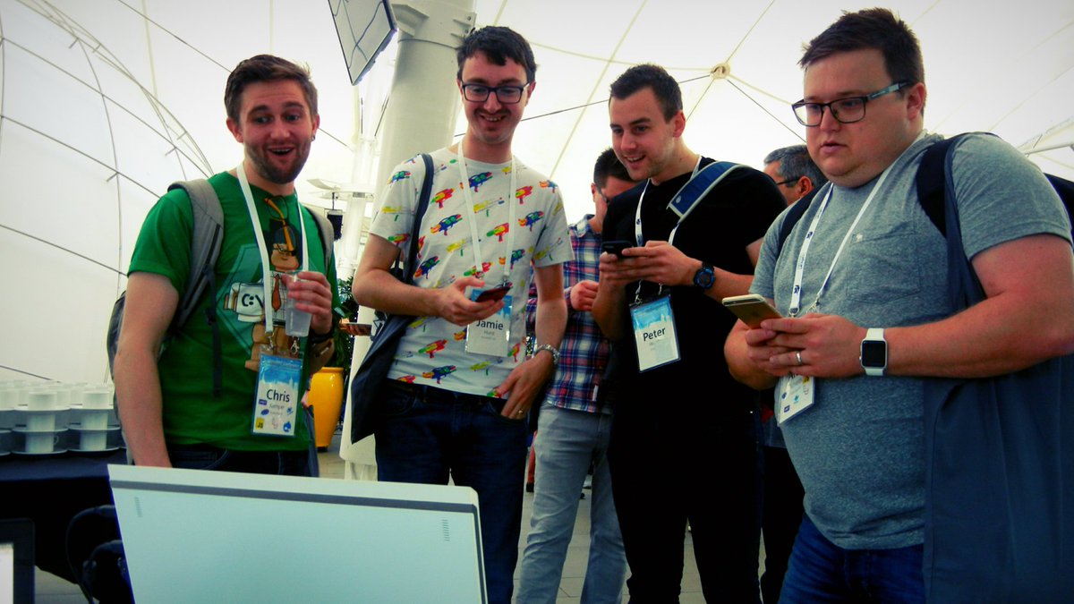 tjlytle's tweet image. A bunch from #scotphp16 playing gorillas with their phones @Nexmo booth.