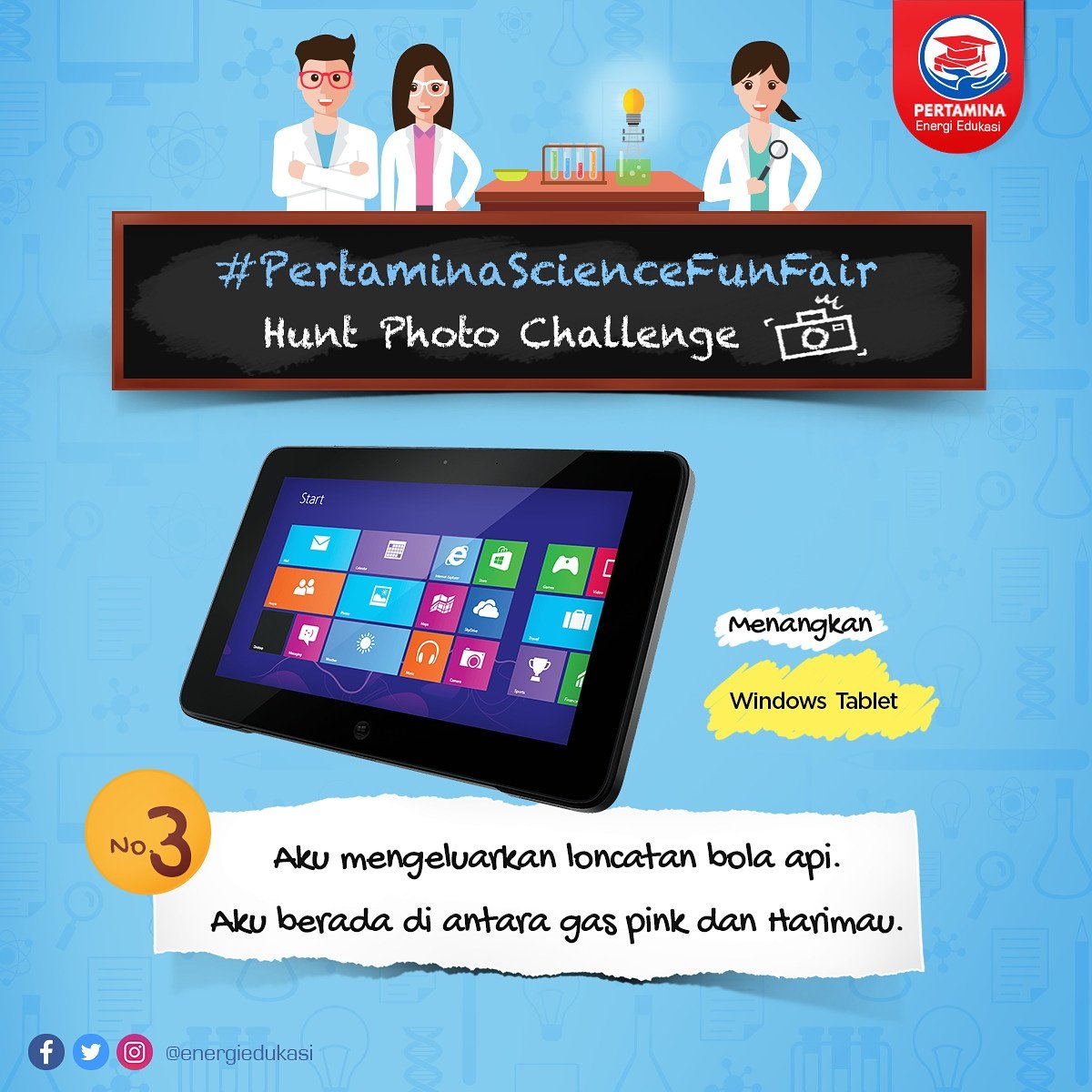 energiedukasi's tweet photo. Masih ada kesempatan buat kamu yang pengen ikutan challenge foto #ScienceFunFairHunt di @kotakasablanka, Sob! Kali ini hadiahnya tablet lho! https://t.co/pOJgJYZR7r