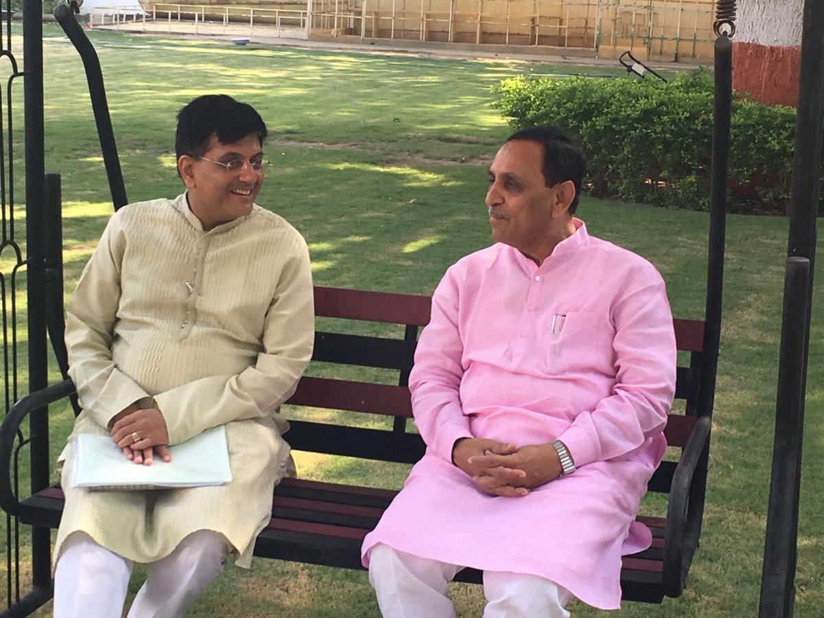 PiyushGoyal's tweet photo. Always a delight meeting Shri @vijayrupanibjp ji, Hon'ble Chief Minister of Gujarat. https://t.co/FqBb8Js8lj