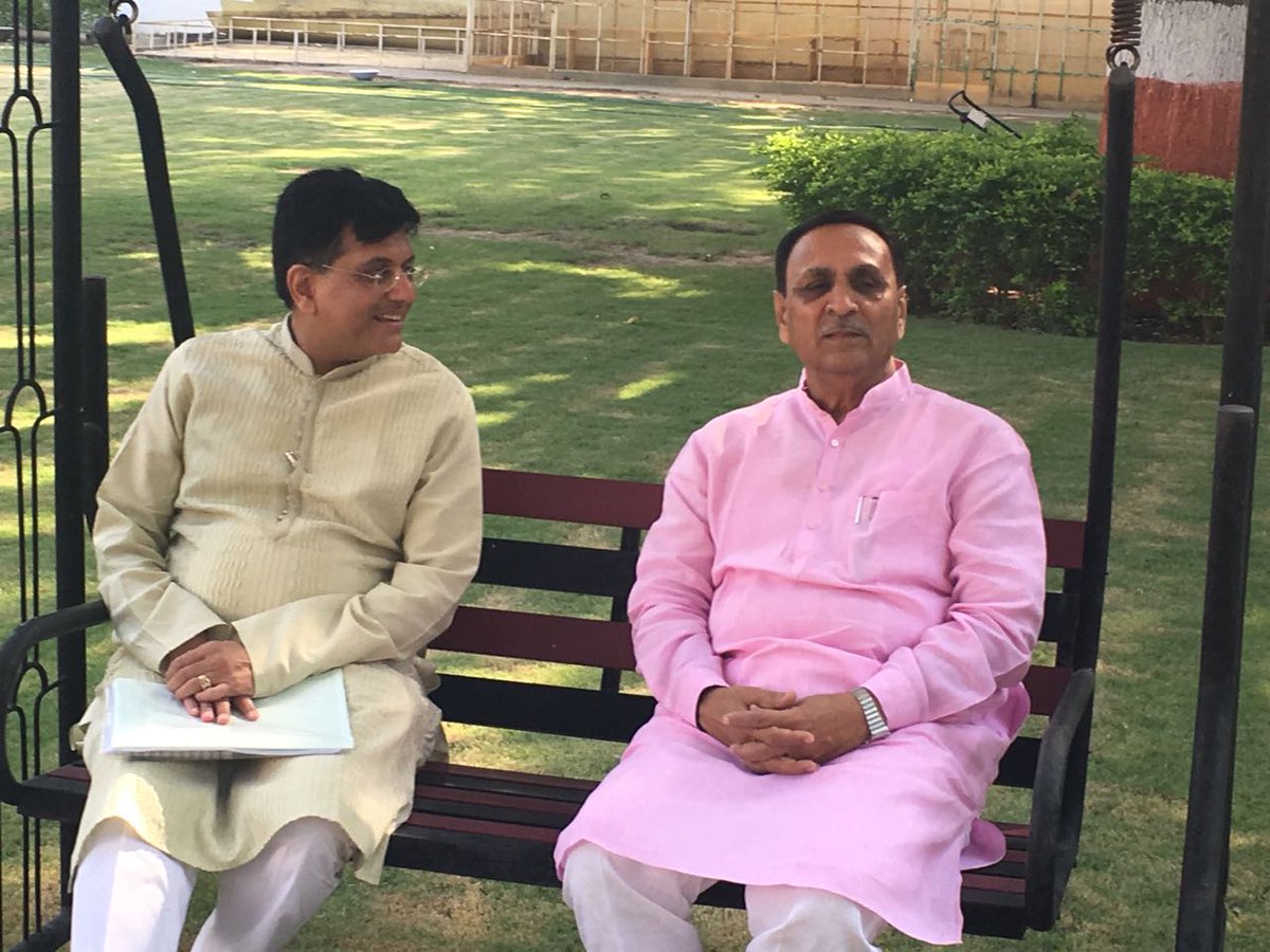 PiyushGoyal's tweet photo. Always a delight meeting Shri @vijayrupanibjp ji, Hon'ble Chief Minister of Gujarat. https://t.co/FqBb8Js8lj