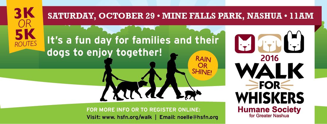 propoolnh's tweet photo. #WalkforWhiskers today! For @hsfn Bring your #dog, get out &amp; #walk for a good cause at #minefallspark You can also try to win a hot tub! https://t.co/fHtwEPyXVJ