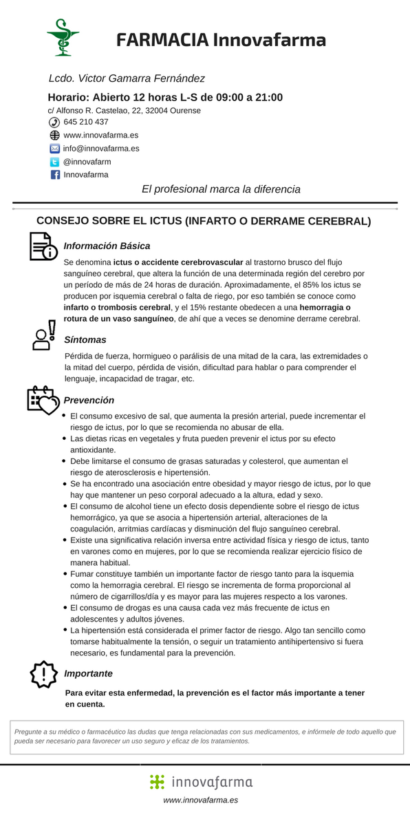 innovafarm's tweet photo. 1 de cada 6 españoles sufrirá un #ictus durante su vida, informa a los #clientes de tu #farmacia con #consejero https://t.co/vbCTU7caOX https://t.co/6Sm3vlxdsX