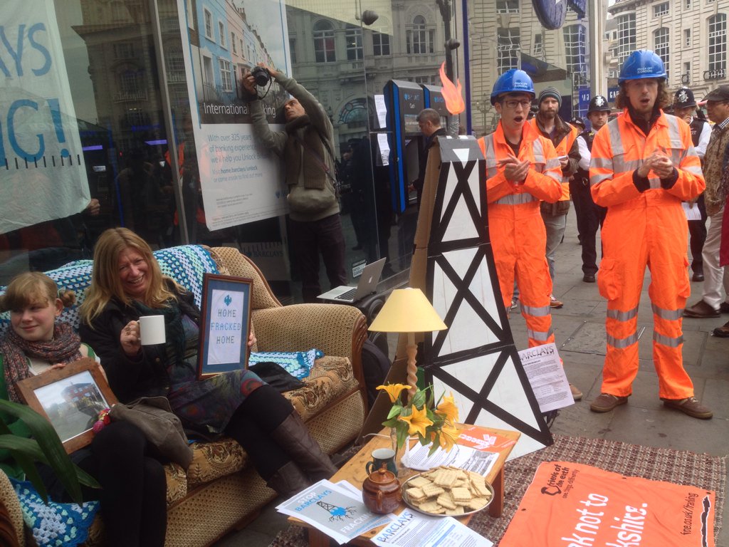 Check out Fossil Free Lewis in the orange - we are here supporting Yorkshire to say #StopBarclaysFracking #frackoff