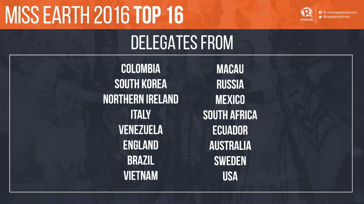 rapplerdotcom's tweet photo. Here are your #MissEarth2016 Top 16! LIVE: https://t.co/GkRWvBol4q https://t.co/4jTJESo2OR