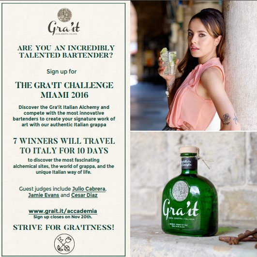 graitgrappa's tweet photo. The Gra'it Challenge> 
Call for #Bartenders #Mixologists 
Enter by 11.20> https://t.co/BjMhyGct8J 
#Miami event 12.12 at @beakerandgray https://t.co/WNCBe3FqlA
